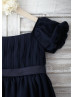 Navy Blue Chiffon Puff Sleeves Knee Length Flower Girl Dress